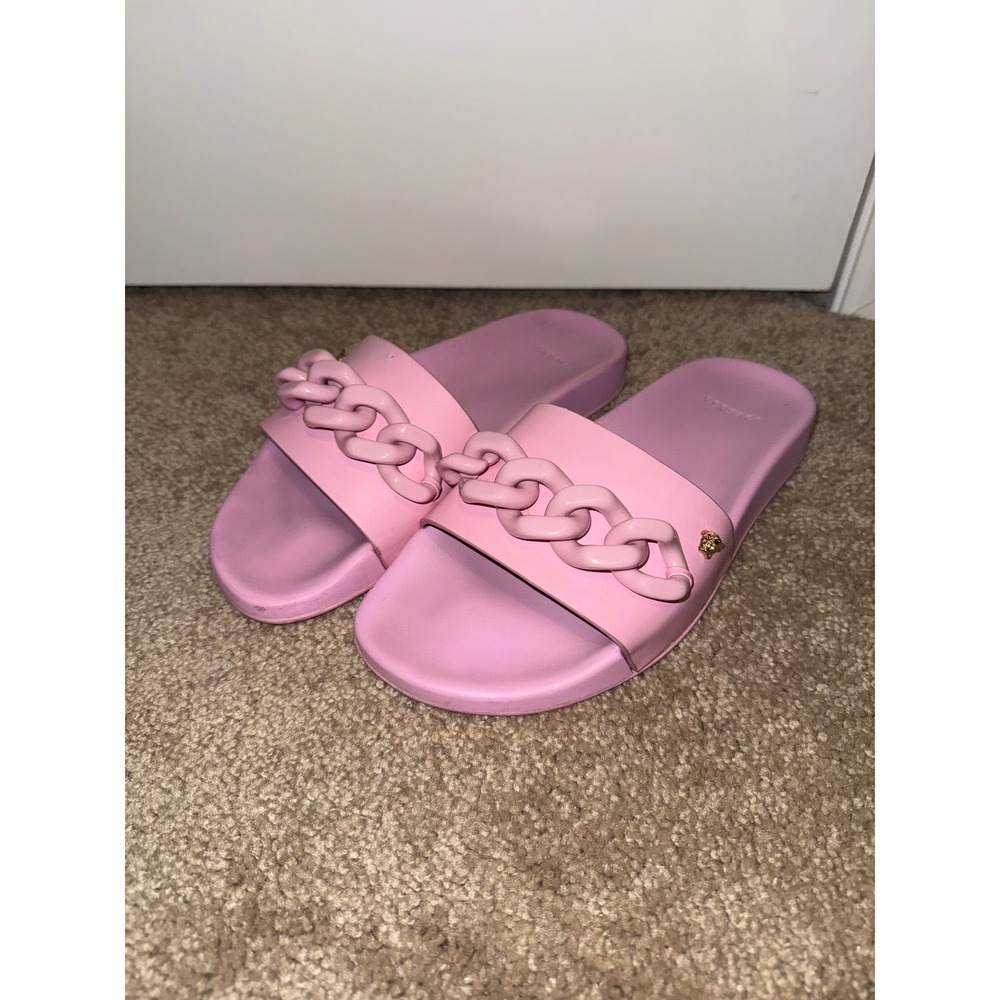Versace Chain Slides Women 38 Pink Good Medusa Rubber Sandal Luxury Barbiecore